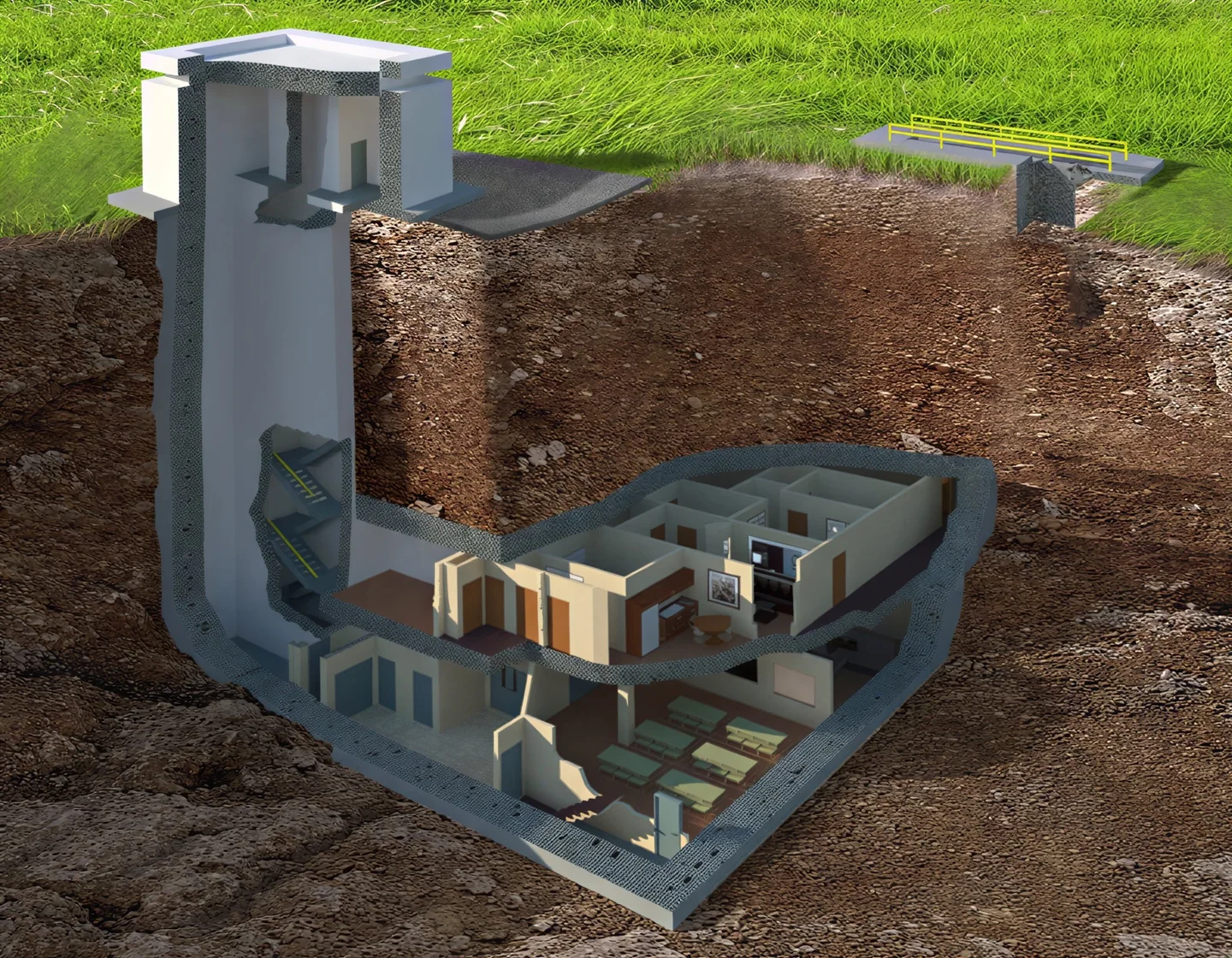 Cutaway rendering of a multi-room underground bunker and protected access tower